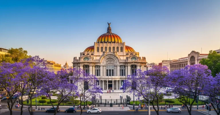 Mexico City 2 Palacio de Bellas Artes in Mexico City surrounded by blooming jacaranda trees