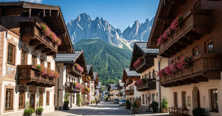 Mittenwald 4 A scenic view of Mittenwald's historic frescoed houses with the Karwendel Alps in the background.