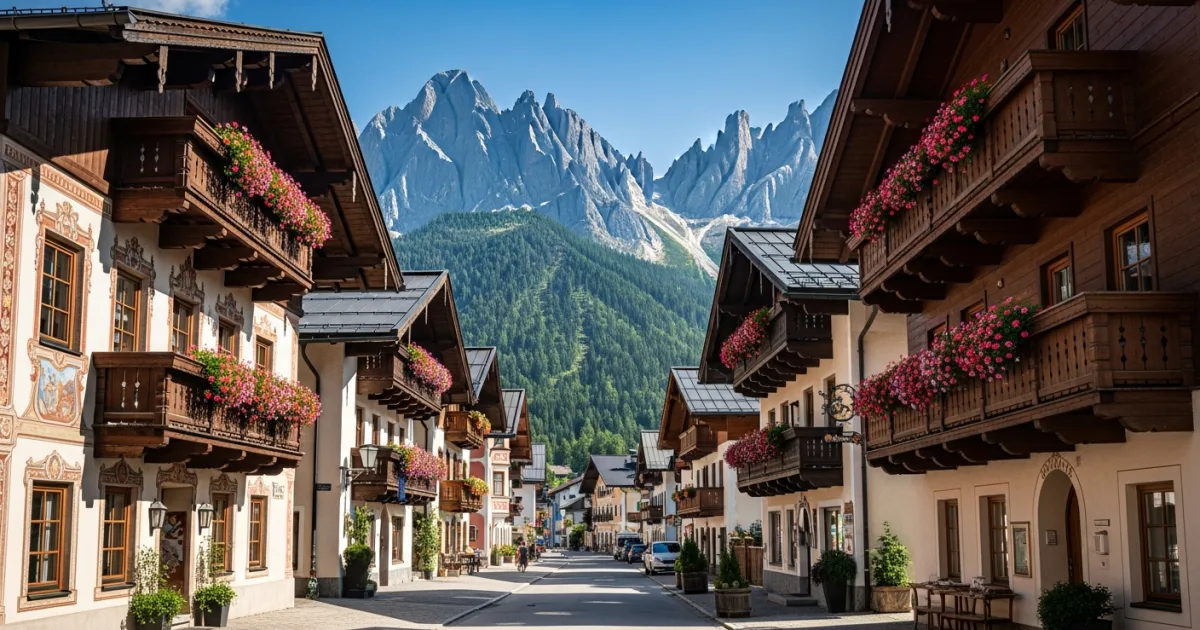 A scenic view of Mittenwald's historic frescoed houses with the Karwendel Alps in the background.
