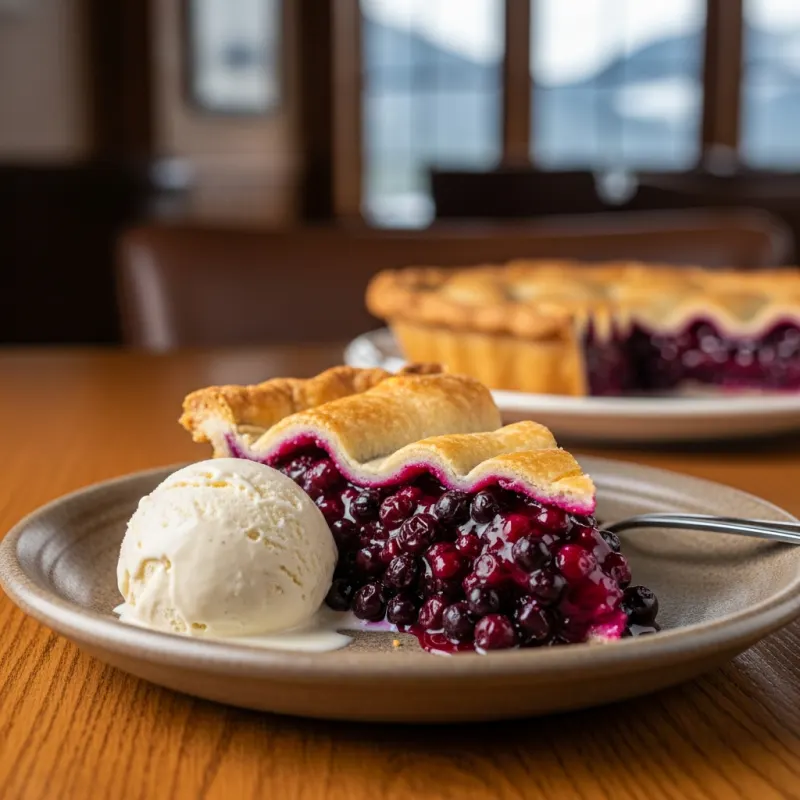 A slice of Montana Huckleberry Pie with vanilla ice cream