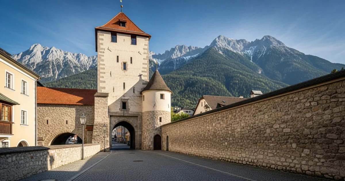 The historic Münzertor medieval gate in Hall in Tirol, Austria