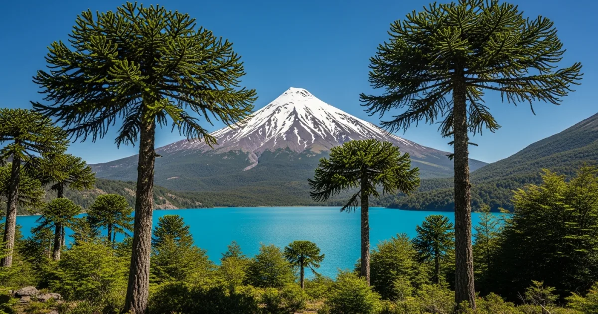 Lanin Volcano and Araucaria trees in Neuquen Province, Patagonia