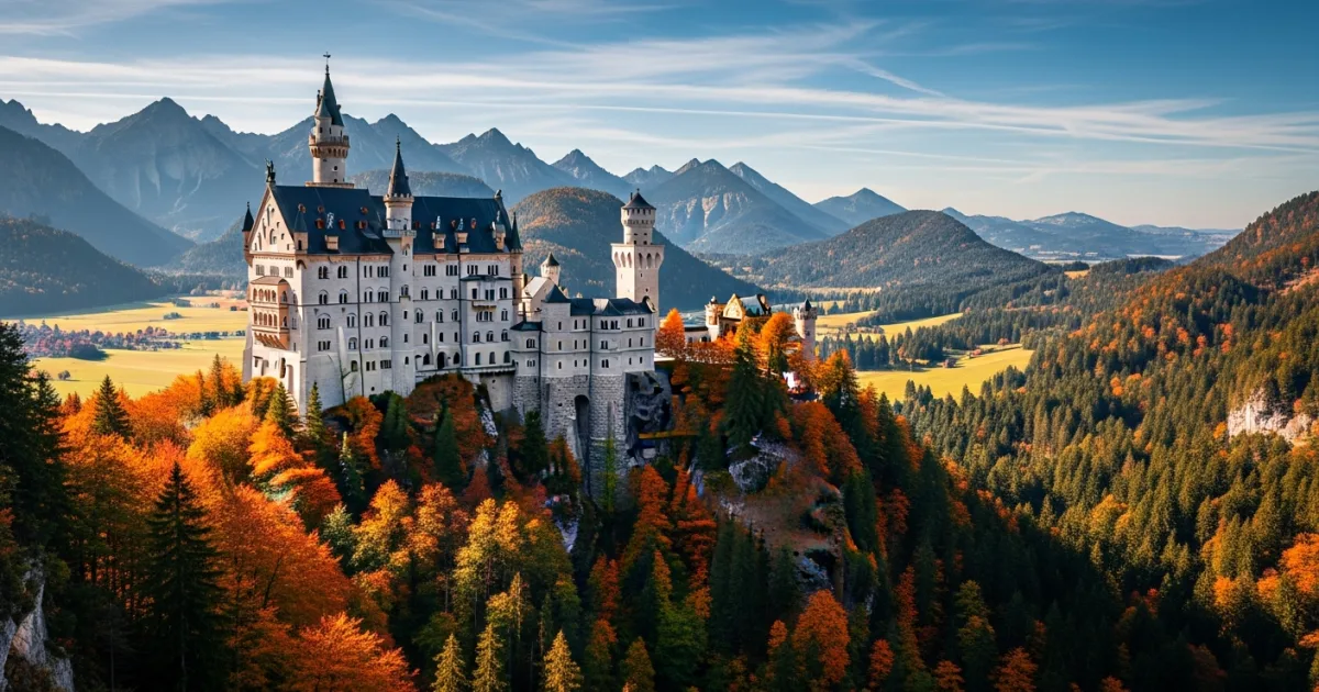 Wide-angle view of Neuschwanstein Castle surrounded by autumn foliage in the Bavarian Alps