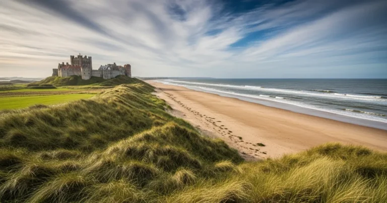 North East England 5 Bamburgh Castle overlooking the beach in North East England