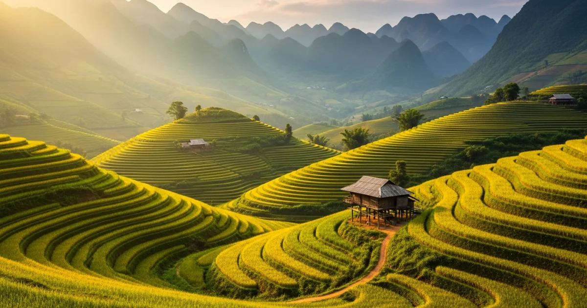 Golden terraced rice paddies in the mountains of Northern Vietnam