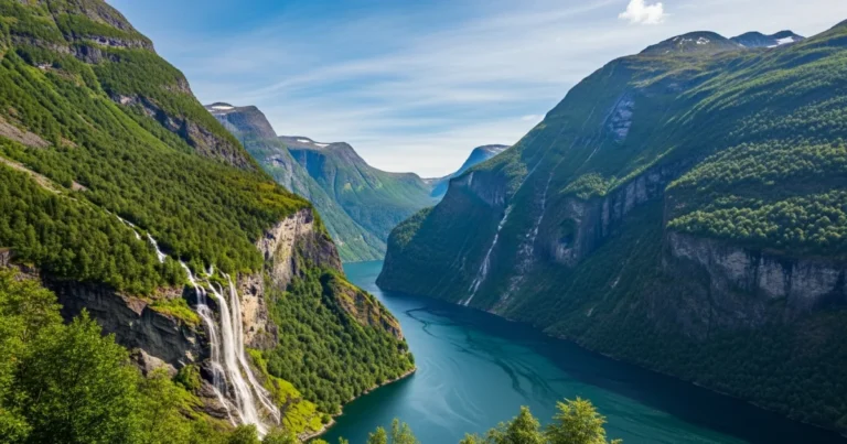 Norway 3 Panoramic view of the majestic Geirangerfjord in Norway with steep cliffs and deep blue water