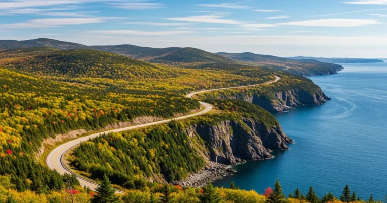 Nova Scotia 5 Scenic view of the Cabot Trail winding along the rugged coastline of Nova Scotia in autumn