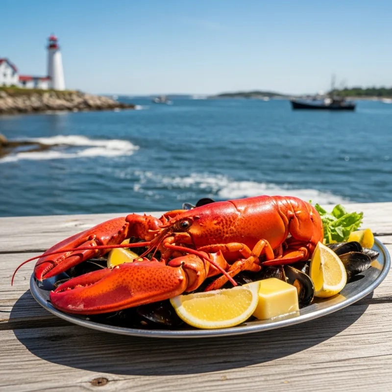 A traditional Nova Scotia lobster boil served on a picnic table by the ocean