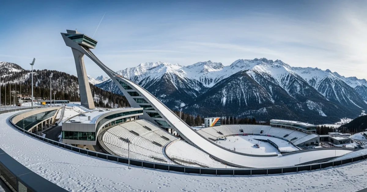 The modern Olympic Ski Jumping Stadium in Garmisch-Partenkirchen surrounded by snow-capped mountains.