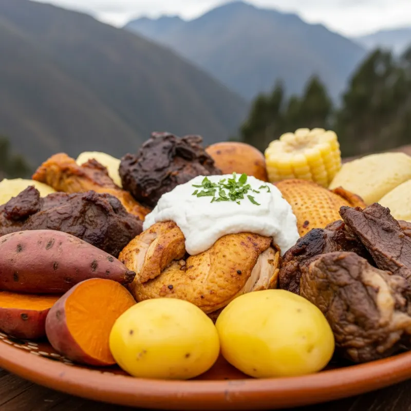 Traditional Peruvian Pachamanca dish with roasted meats and potatoes