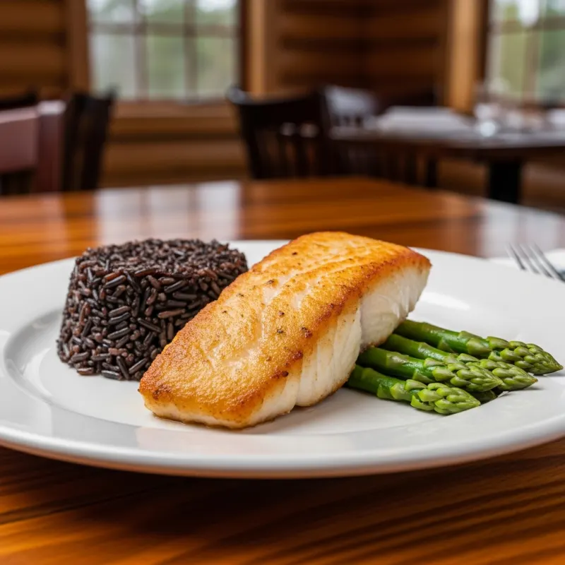 A plate of pan-fried Manitoba Pickerel with wild rice and asparagus
