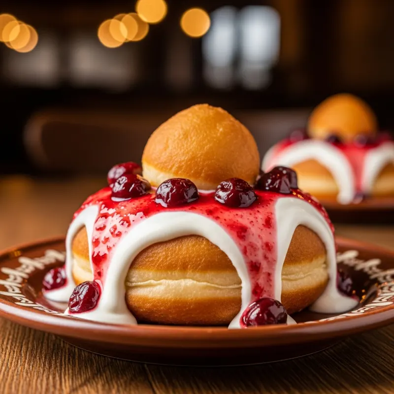 A plate of traditional Romanian Papanasi topped with sour cream and cherry jam