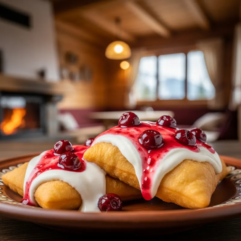 A plate of traditional Romanian Papanasi dessert with sour cream and jam