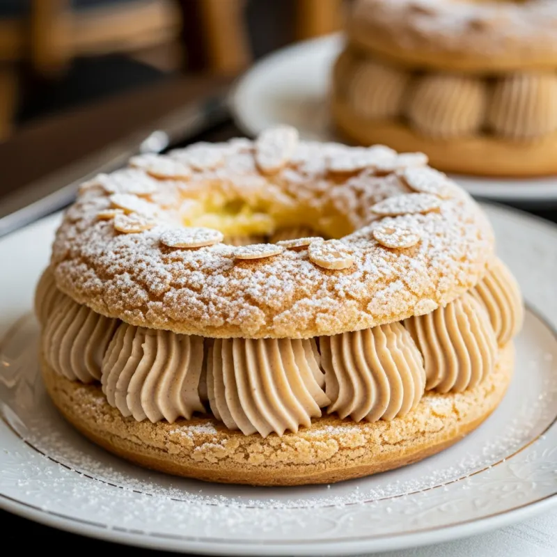 Paris-Brest dessert on a porcelain plate