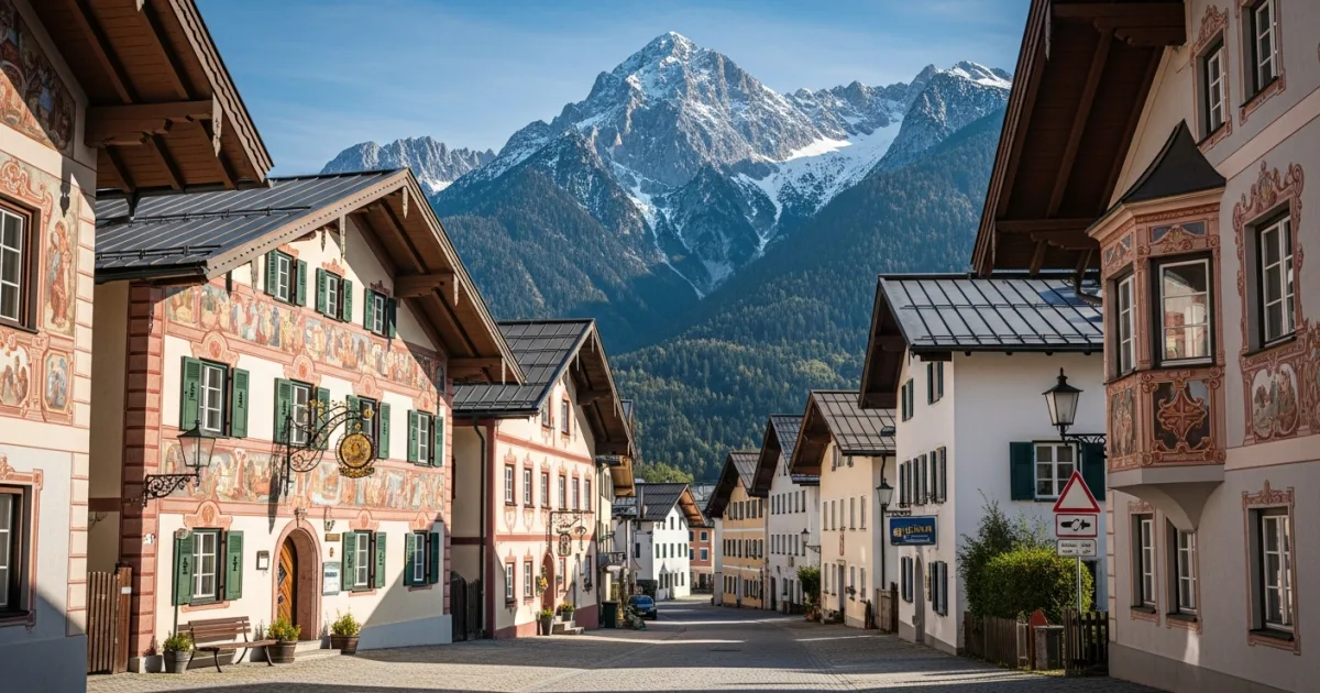 Historic Ludwigstraße in Partenkirchen with frescoed houses and mountain backdrop