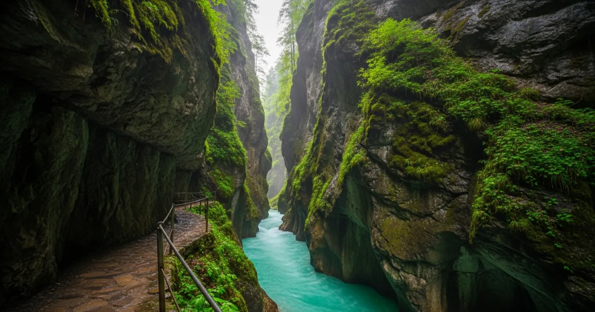 A narrow stone pathway clinging to the towering cliffs of Partnach Gorge above a rushing turquoise river.