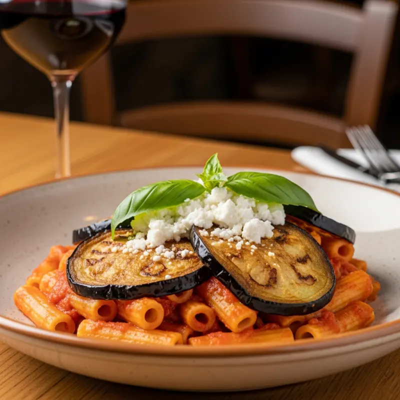 A plate of traditional Sicilian Pasta alla Norma with eggplant and ricotta salata