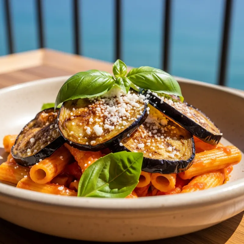 A traditional plate of Pasta alla Norma with eggplant and ricotta salata