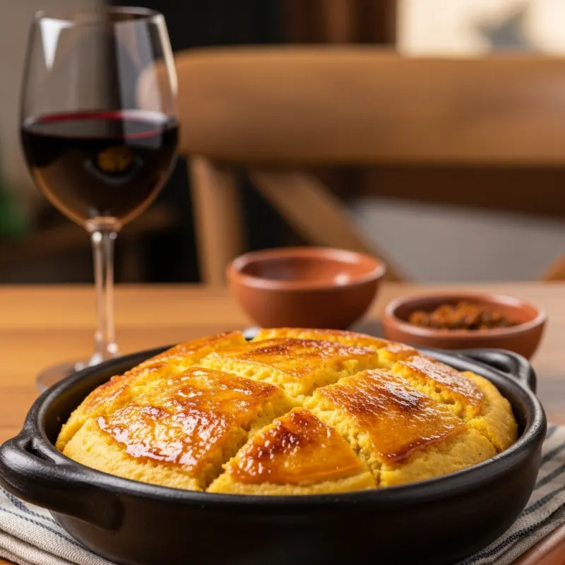 A traditional clay pot serving of Pastel de Choclo, a Chilean sweet corn and meat pie