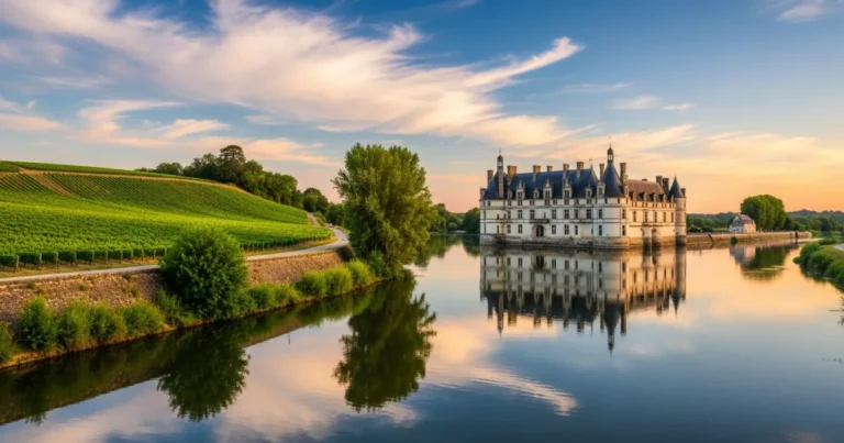 Pays de la Loire 6 A stunning Renaissance château reflecting in the Loire River at sunset in Pays de la Loire