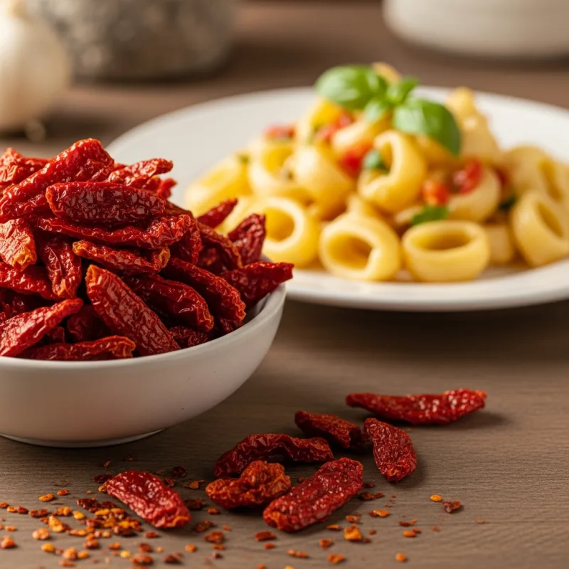 A bowl of crispy red Peperoni Cruschi next to a plate of pasta