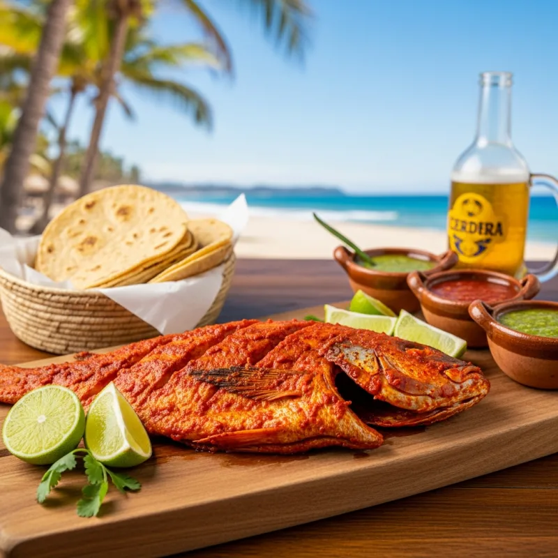 Pescado Zarandeado served on a wooden board with tortillas and salsa