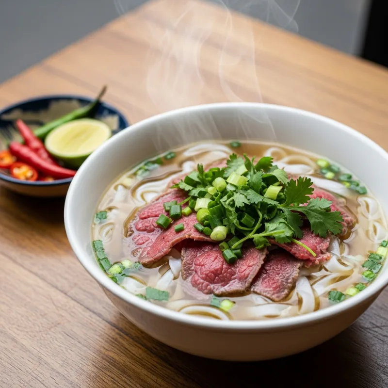 A bowl of traditional Northern Vietnamese Pho with beef and green onions