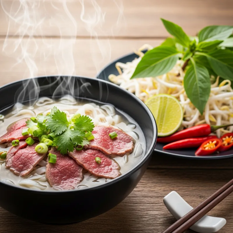 A steaming bowl of Vietnamese Pho Bo with fresh herbs