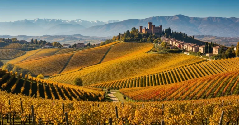Piedmont 7 Autumn vineyards in the Langhe region of Piedmont with the Alps in the background
