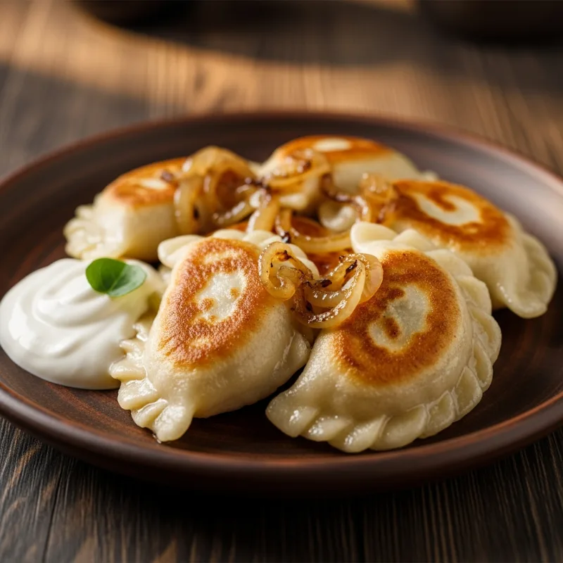 A plate of traditional Polish Pierogi topped with caramelized onions
