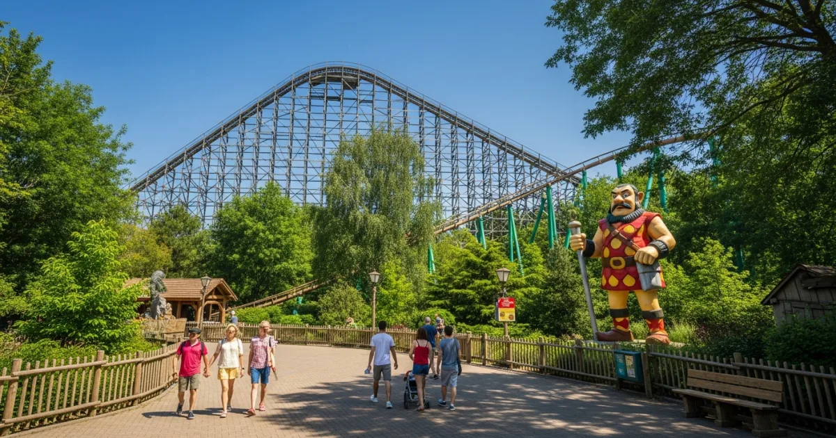 Panoramic view of Parc Astérix theme park in Plailly, France featuring a wooden roller coaster