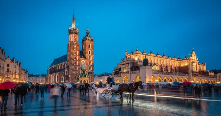 Poland 1 Krakow Main Market Square at twilight with illuminated historic buildings