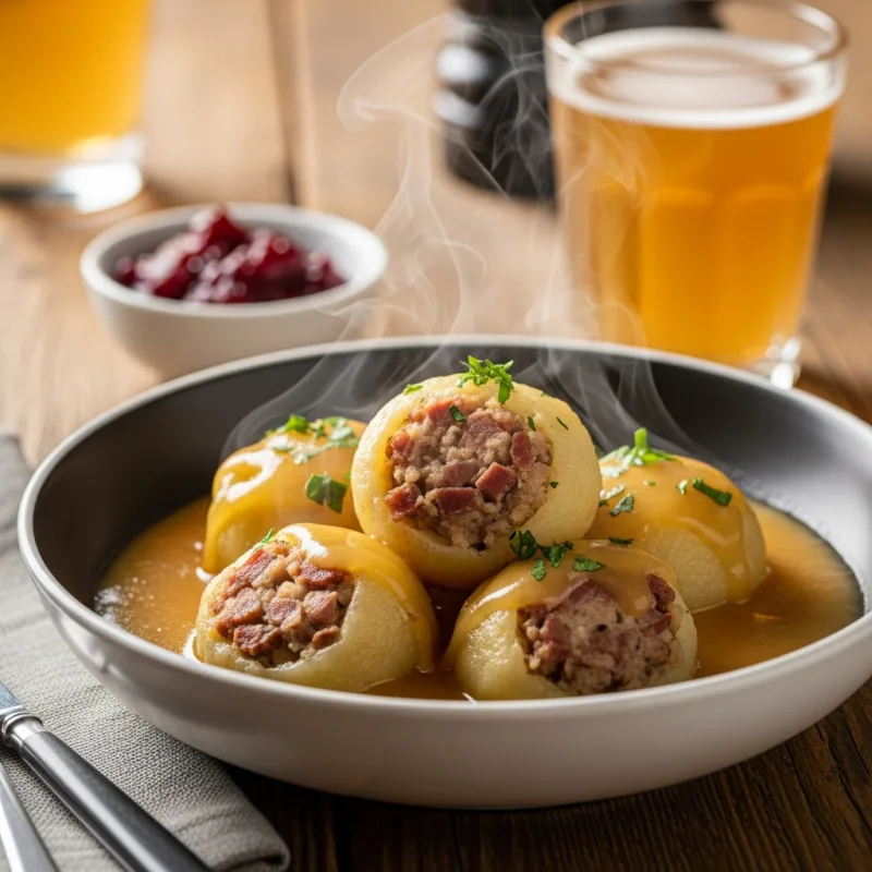 A bowl of traditional Acadian Poutine Râpée dumplings