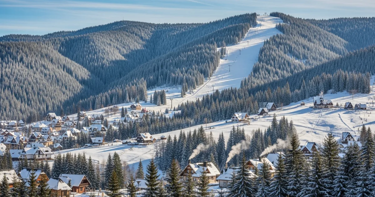 Panoramic view of Predeal town and ski slopes in winter