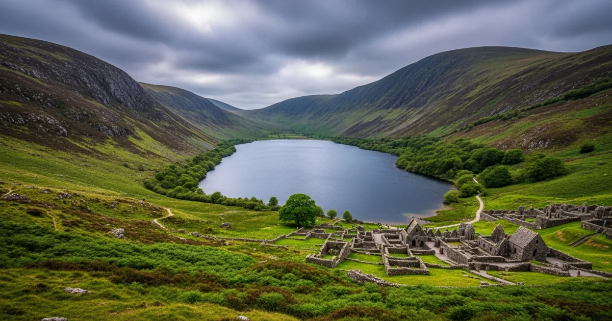Scenic view of the Wicklow Mountains and Glendalough in Leinster, Ireland