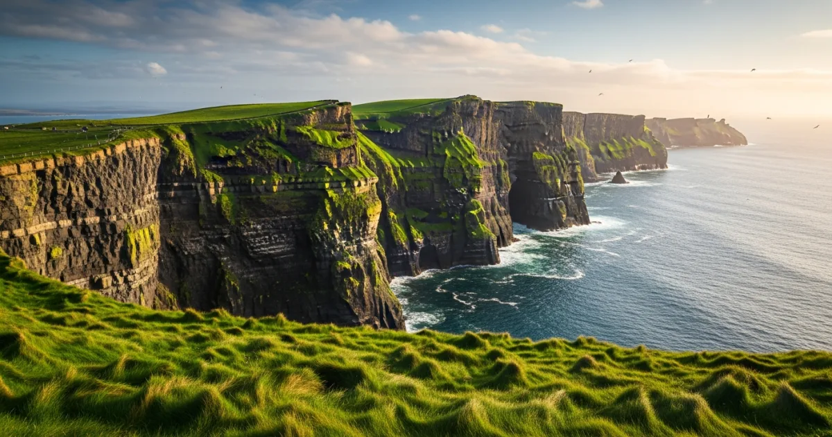Panoramic view of the Cliffs of Moher in Munster, Ireland at sunset