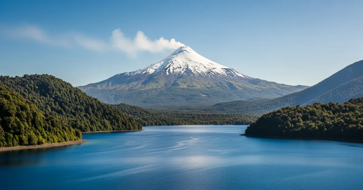 Scenic view of Lake Villarrica and the snow-capped Villarrica Volcano in Pucon, Chile
