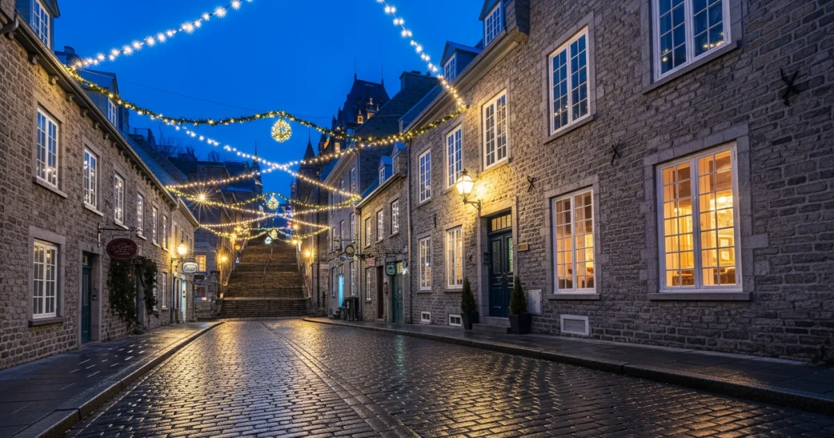 Twilight view of the historic Quartier Petit Champlain in Quebec City