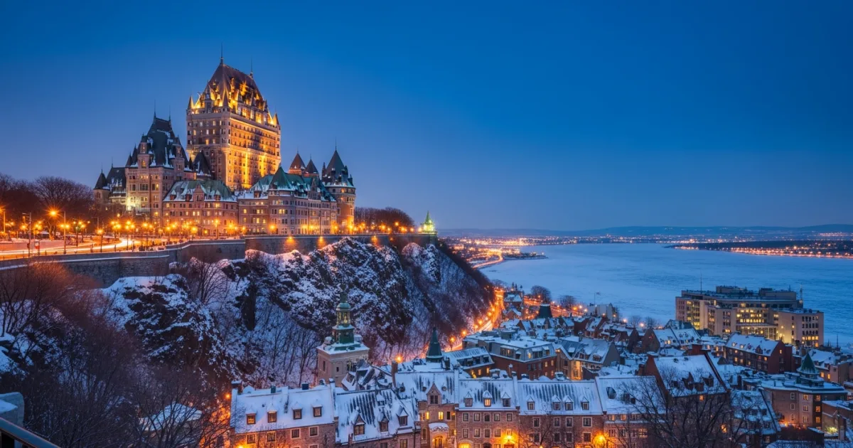 Wide-angle view of Quebec City and Château Frontenac in winter at twilight