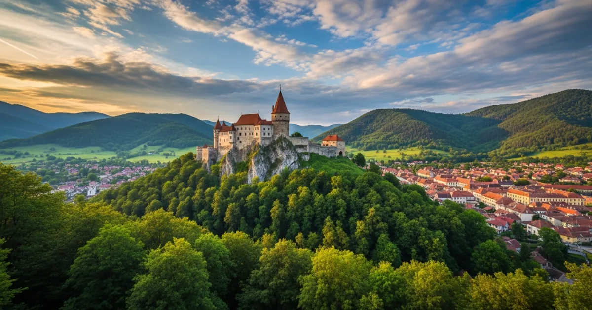 Panoramic view of Rasnov Fortress on a hilltop in Transylvania