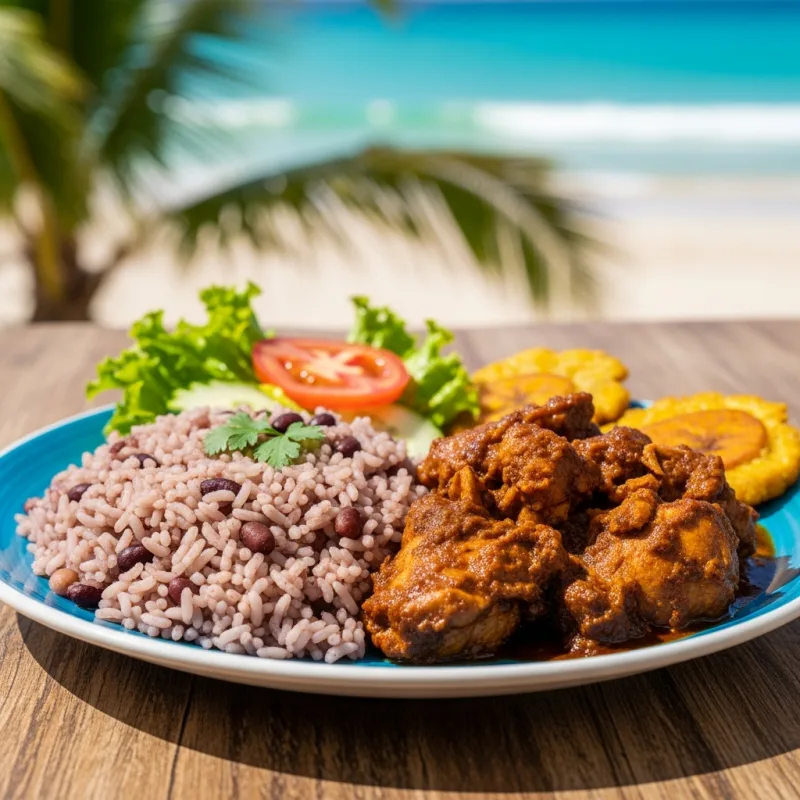 Plate of Caribbean Rice and Beans with stewed chicken and plantains