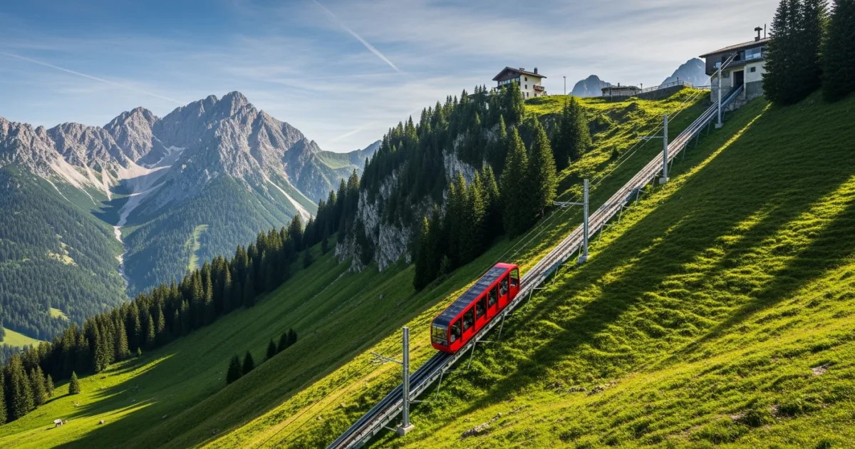 Rosshütte funicular railway ascending the mountain in Seefeld, Austria