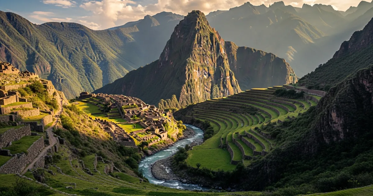 Panoramic view of the Sacred Valley with the Urubamba River and Andean mountains