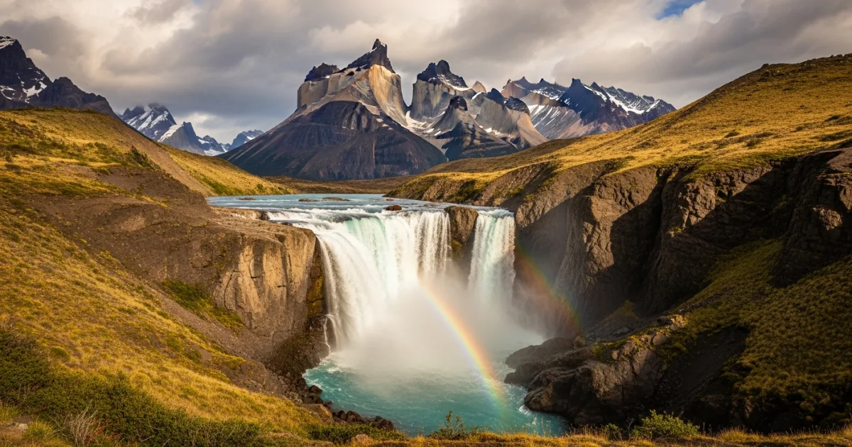 Wide view of Salto Grande waterfall with the Cuernos del Paine mountains in the background