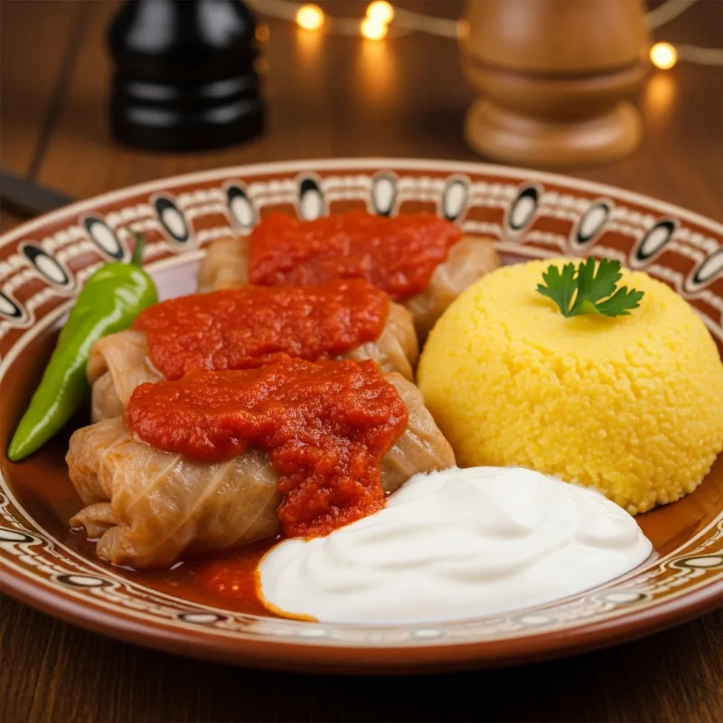 Traditional Romanian Sarmale with polenta and sour cream