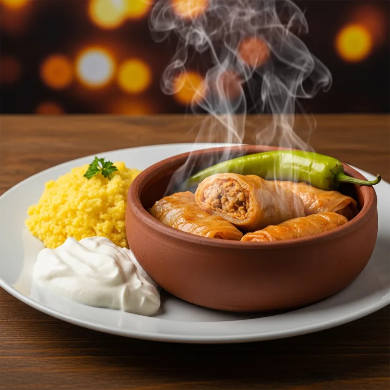 Traditional Romanian Sarmale with polenta and sour cream