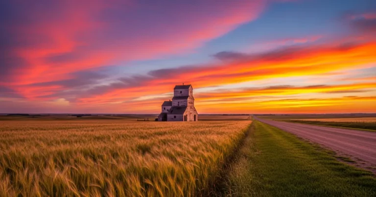 Saskatchewan 8 A vibrant sunset over a golden wheat field and a classic grain elevator in Saskatchewan.