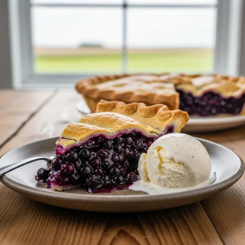 A slice of Saskatoon berry pie with vanilla ice cream.