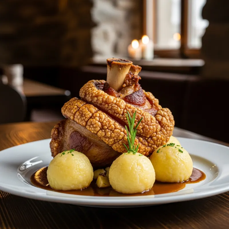 Traditional Bavarian Schweinshaxe with potato dumplings
