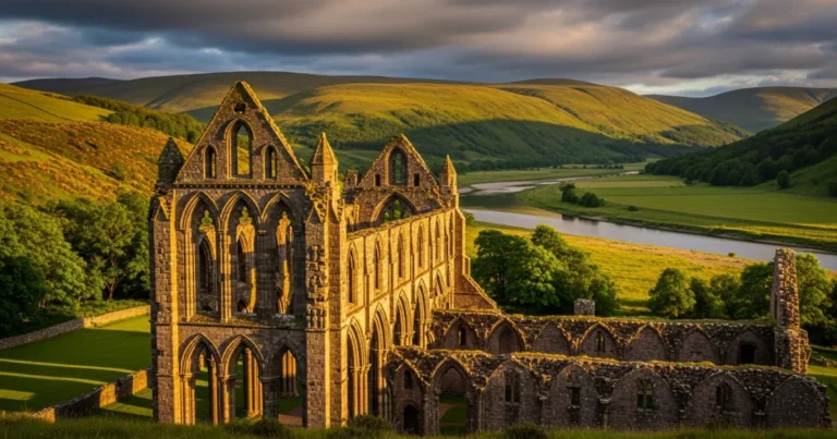 Scottish Lowlands 3 Scenic view of a ruined medieval abbey in the rolling green hills of the Scottish Lowlands